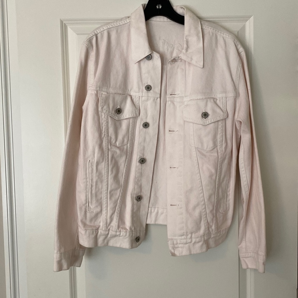 Brandy Melville light pink denim jacket. Embroidered “darling” on the back.